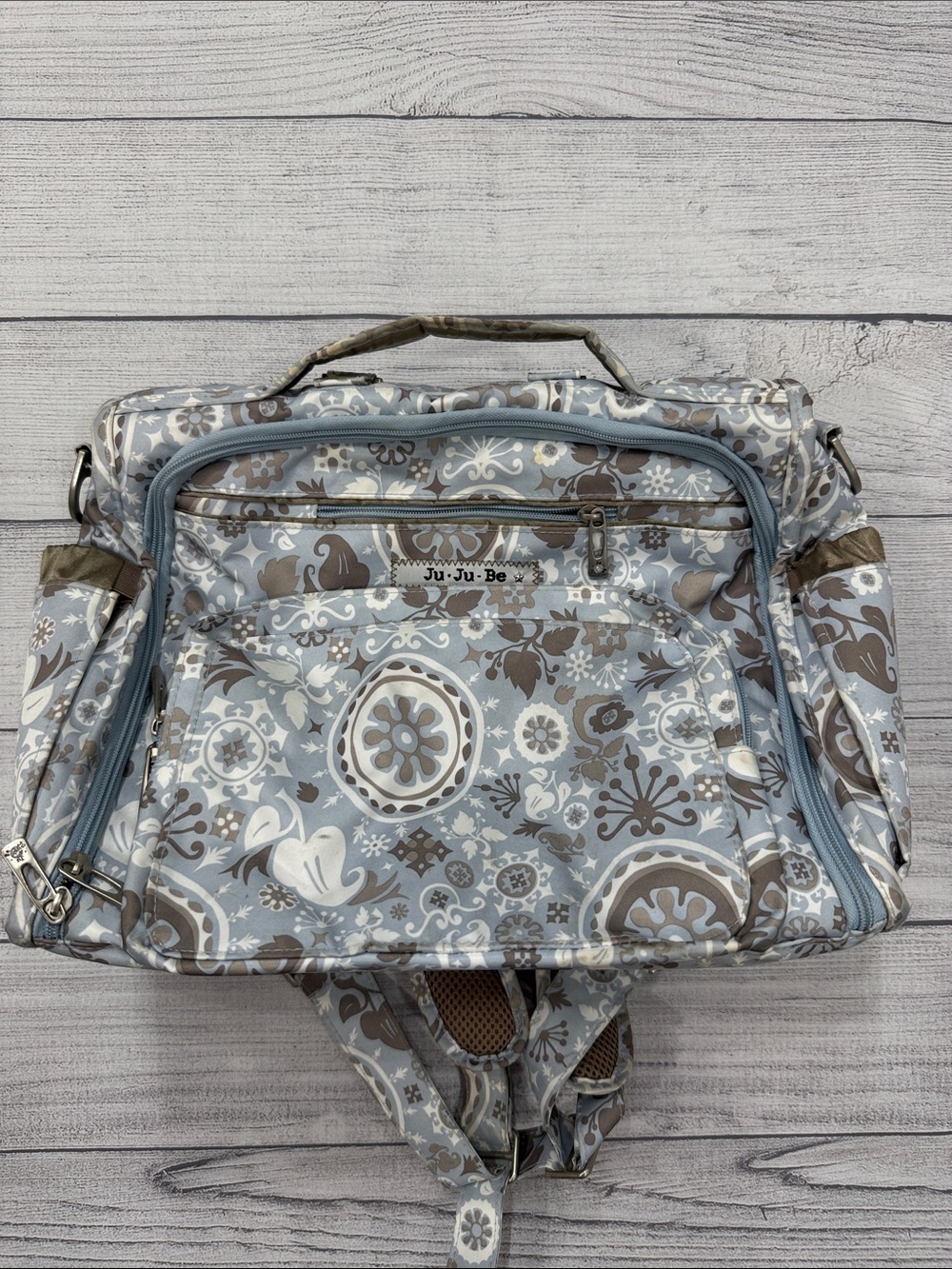 Ju-Ju-Be Light Blue Taupe Floral Diaper Bag Backpack with Changing Pad